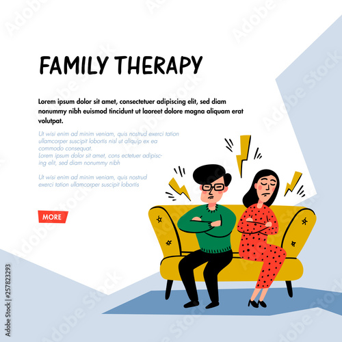 Psychology. Family therapy. Unhappy family couple characters on psychotherapist session. Doodle style flat vector illustration.