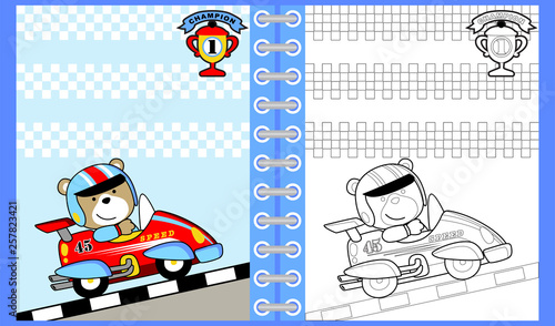 car racing cartoon with funny racer, coloring book/page