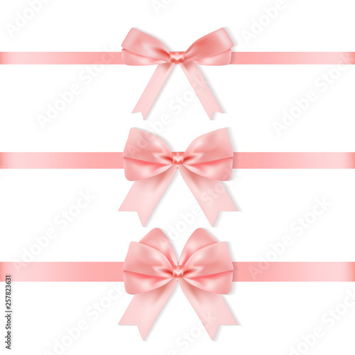 Set of decorative pink bows with horizontal ribbons isolated on white background. Vector decor. 