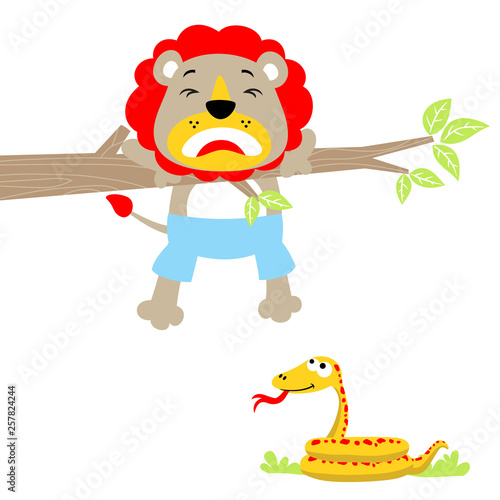funny coward lion with a snake, vector cartoon illustration