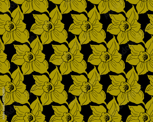 Monochrome ornamental seamless pattern with silhouettes of flowers daffodils. Floristic vector design on black background. Hand drawn manual graphic. For textile, fabric, wallpaper, packaging.