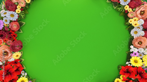 Ring of flowers on a green background.