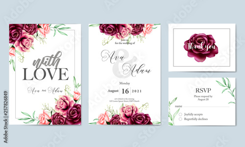 beautiful watercolor floral leaves wedding invitation card template