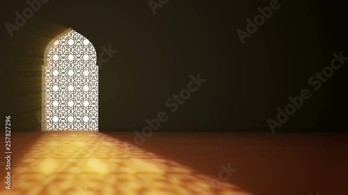 Islamic interior mosque window or door with beam of ray light coming inside . Ramadan Kareem islamic motion background. 3d animation. photo