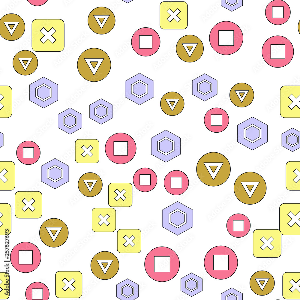 Colorful pattern with different shapes objects. Texture background for textile, print, paper, fabric background, wallpaper Colorful pattern with different shapes objects. Texture background for textile, print, paper, fabric background, wallpaper