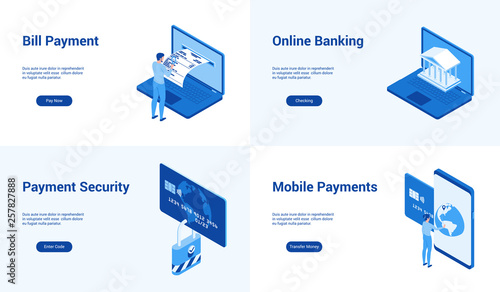 Isometric landing page templates for online banking. Vector illustration mock-up for website and mobile website