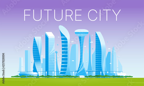 Futuristic cityscape. Vector flat illustration of city with buildings, cars and trees