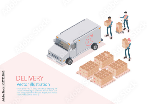 Logistics and Delivery Infographics.Isometric,truck,drone and delivery man. Vector illustration