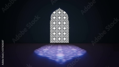 Islamic interior mosque window or door with beam of ray light coming inside . Ramadan Kareem islamic motion background. 3d animation.