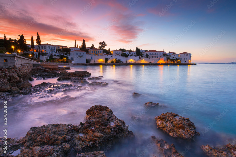 Evening view of Spetses village from the beach, Greece. 