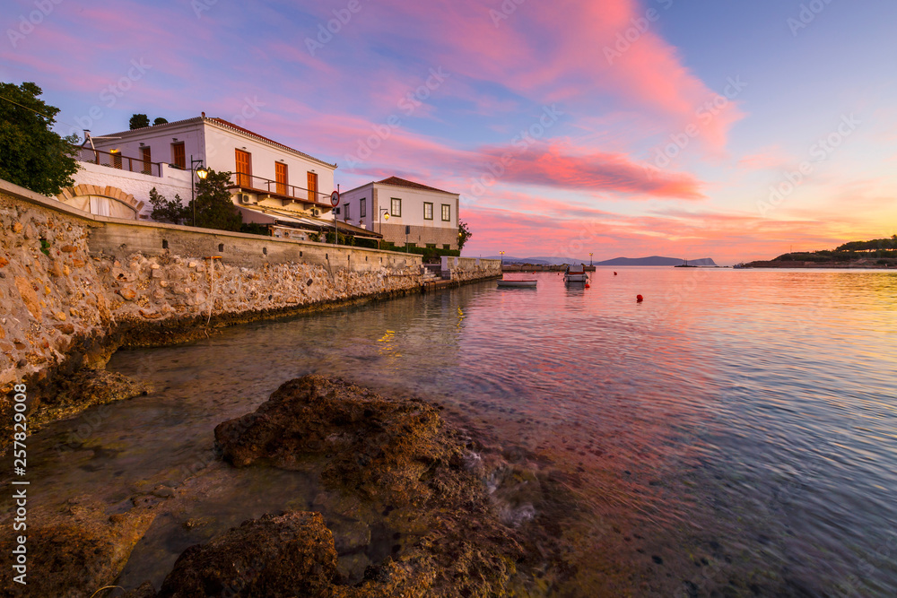 Houses in the harbor of Spetses, Greece. 
