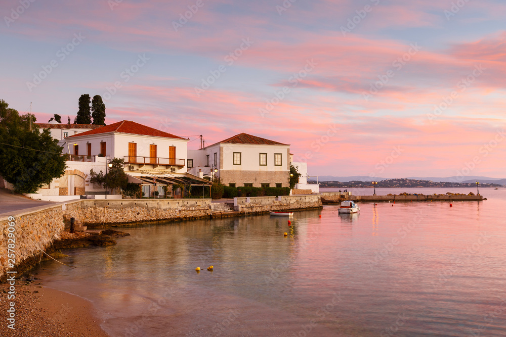Houses in the harbor of Spetses, Greece. 