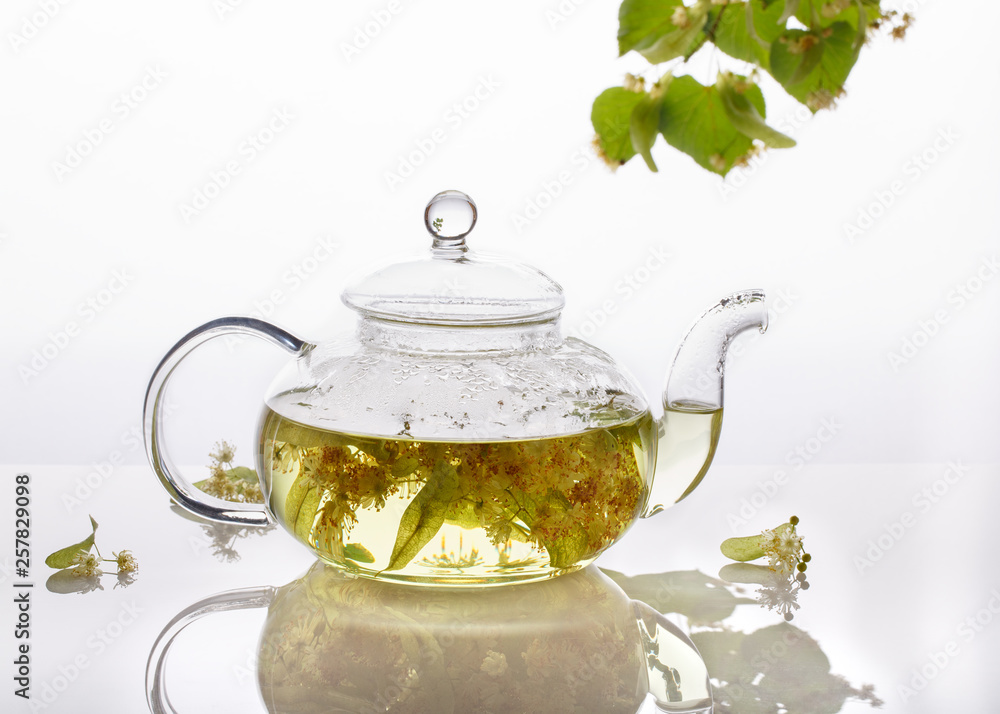 Linden tea in a transparent tea pot. Glass tea pot with herbal lime tree tea on white background. Medicinal plant, flowers used for herbal teas and tinctures. Linden tea in a transparent tea pot. Glass tea pot with herbal lime tree tea on white background. Medicinal plant, flowers used for herbal teas and tinctures.