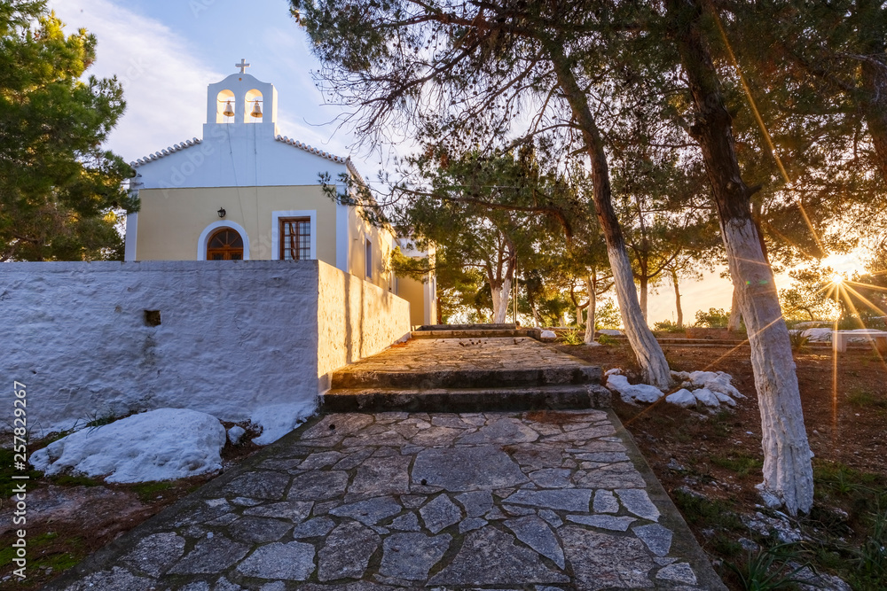 Morning view of a church in Spetses village, Greece.