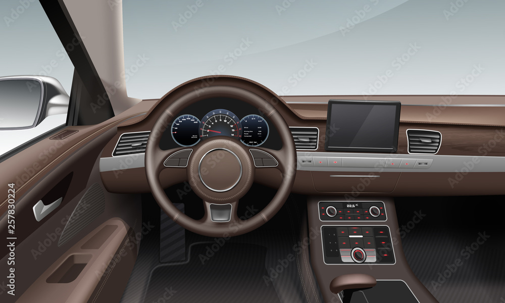 Vector illustration of interior inside car with leather wheel land dashboard in brown
