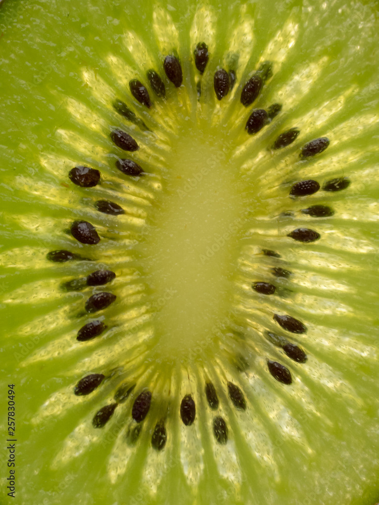 Slice of kiwi fruit with backlight, close-up photo of a kiwi, raw green fruit. Slice of kiwi fruit with backlight, close-up photo of a kiwi, raw green fruit.