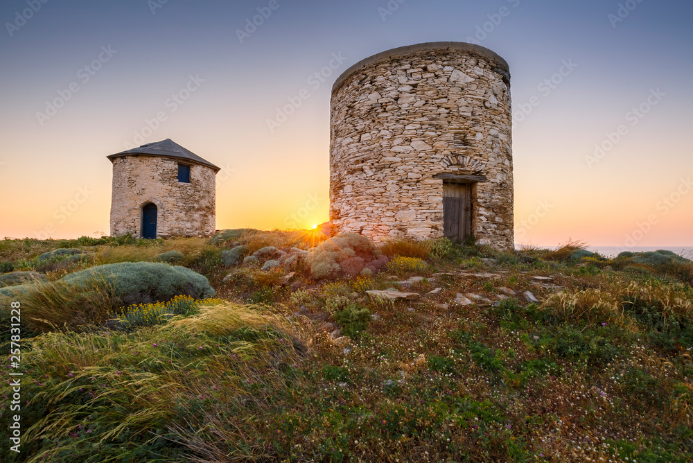 Old traditional windmills on the main island of Fournoi Korseon in northern Aegean, Greece. 
