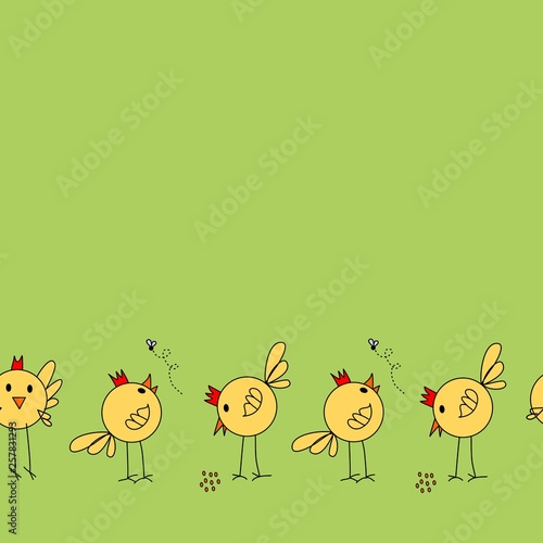 Chicks, hand drawn seamless vector pattern - border. Spring, Easter theme. Cute colorful drawings on green background.