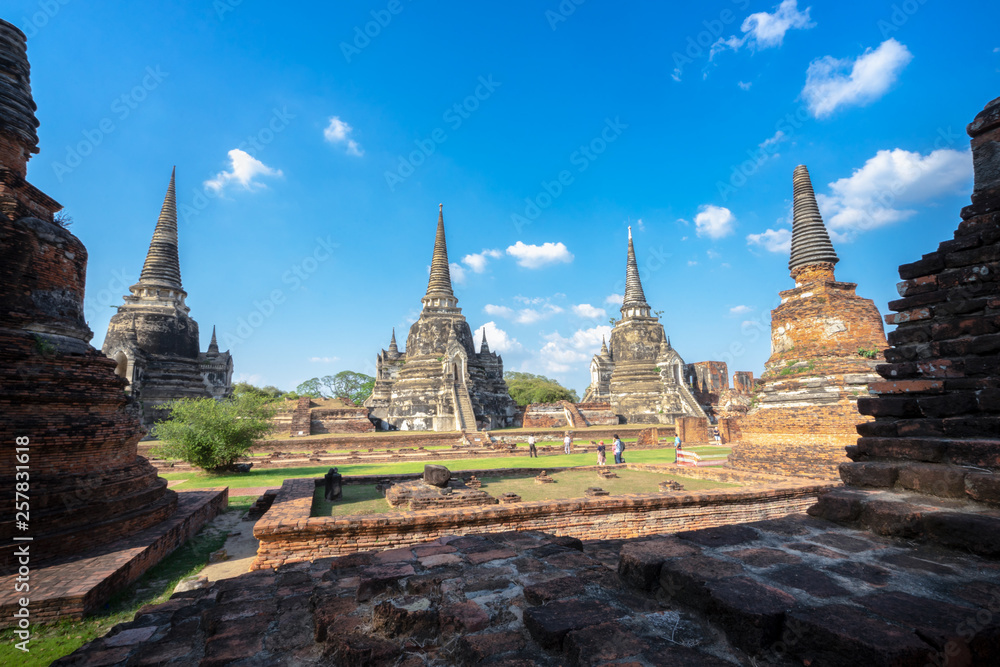 Fototapeta premium Ancient pagoda in Ayutthaya Historical Park covers the ruins of the old city of Ayutthaya, Thailand.