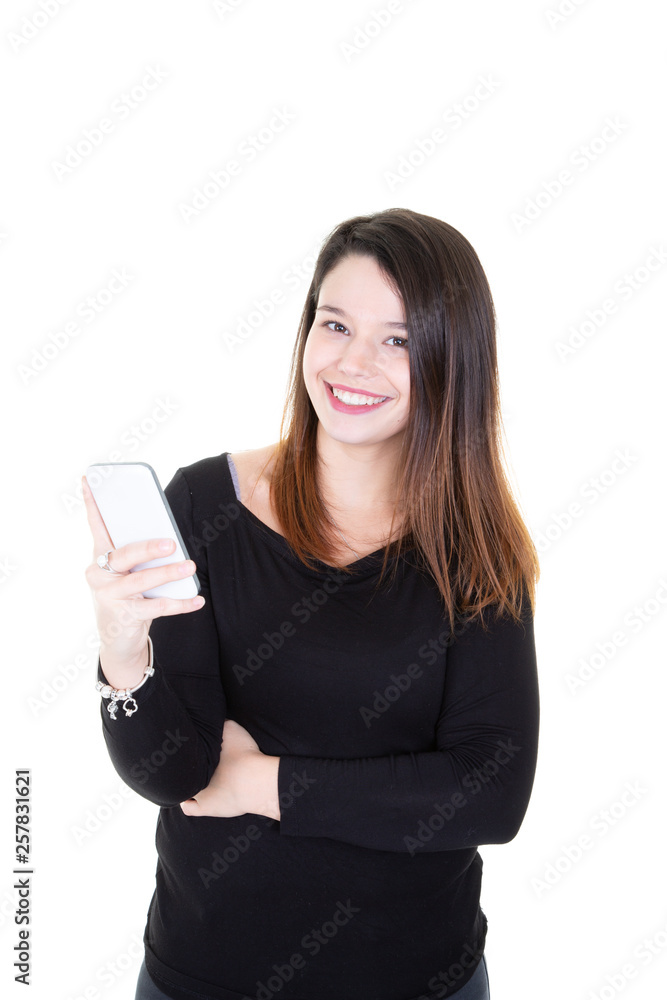 Young woman using her phone on white background Young woman using her phone on white background