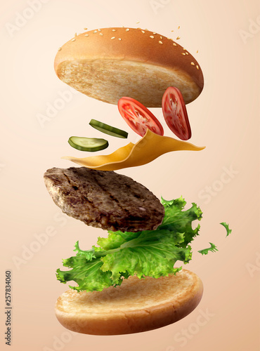 Fotografia, Obraz Delicious flying hamburger