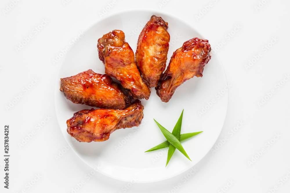 Fried chicken wings appertizer top view isolated on white background
