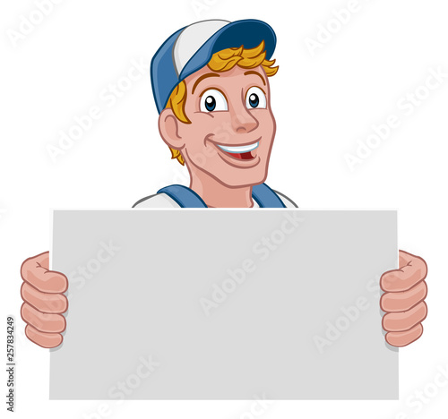 A handyman cartoon character caretaker construction man peeking over a sign 