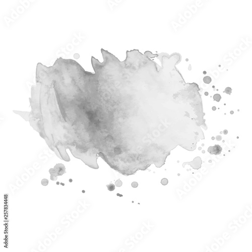 Gray watercolor spot with droplets, smudges, stains, splashes.
