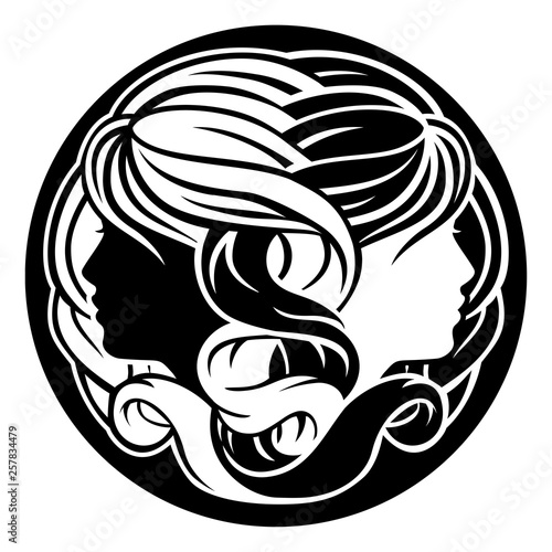 Astrology horoscope zodiac signs, circular Gemini twins symbol
