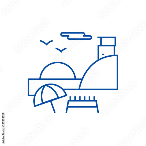 Sunday on beach,summer travel line concept icon. Sunday on beach,summer travel flat  vector website sign, outline symbol, illustration.