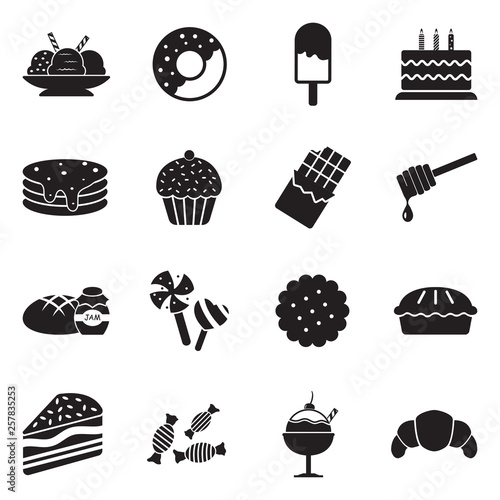 Dessert Icons. Black Flat Design. Vector Illustration. 