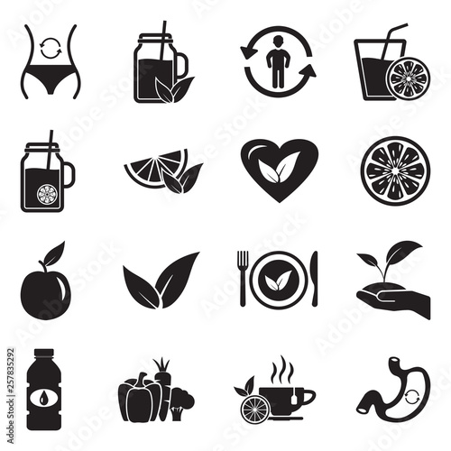  Detox Icons. Black Flat Design. Vector Illustration.