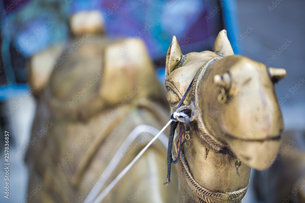 Statue of a camel made of bronze in blur background
