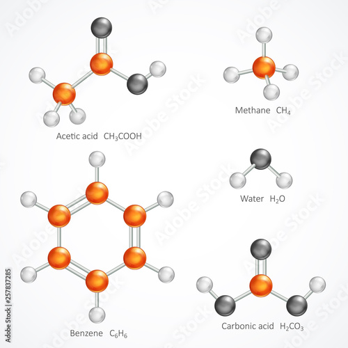 Illustration of 3d molecular structure, ball and stick molecule model acetic acid, methane, water, benzene, carbonic acid, isolated on white background, stock vector graphic  photo