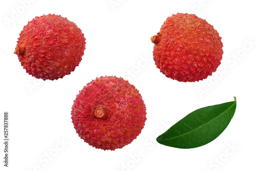 Fresh lychee with leaves isolated on white background. top view