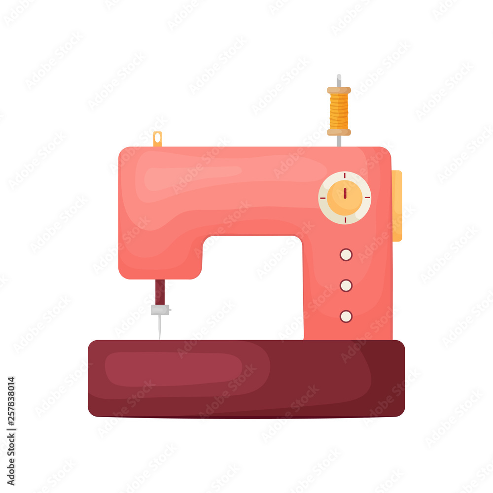 Classic model of sewing machine in red isolated on white background