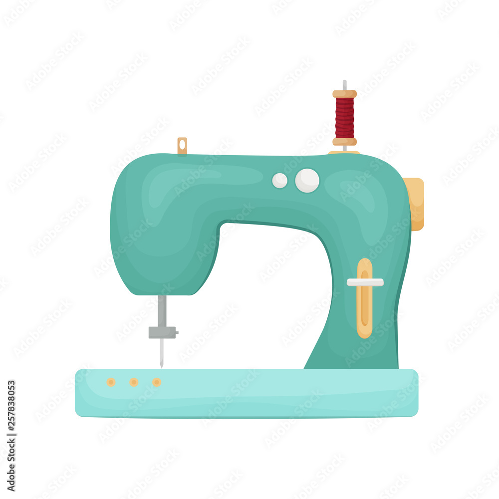 Retro designed model of sewing machine in green color isolated on white background