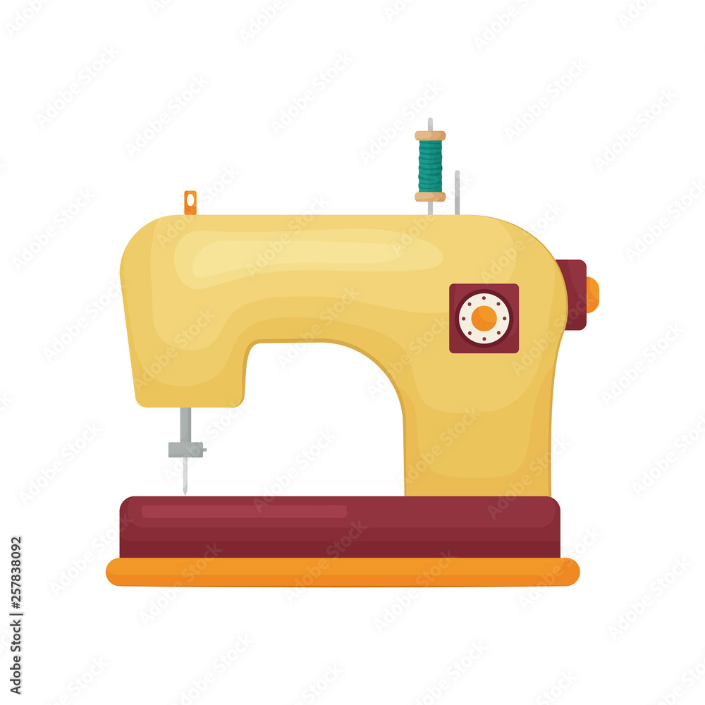 Retro designed model of sewing machine in yellow color isolated on white background Retro designed model of sewing machine in yellow color isolated on white background