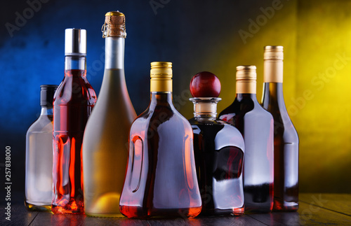 Bottles of assorted alcoholic beverages.