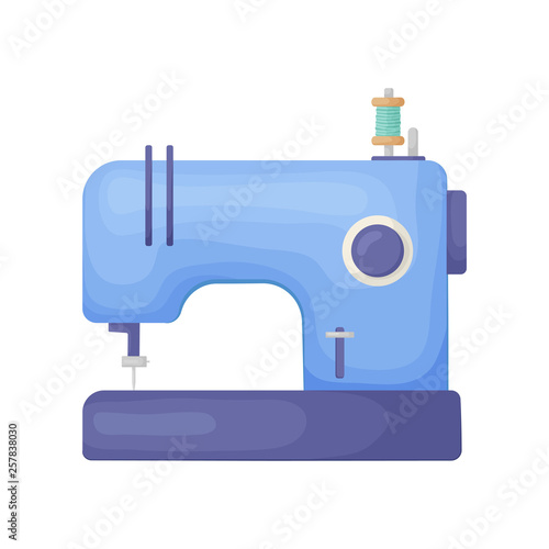 Modern model of sewing machine in blue color isolated on white background
