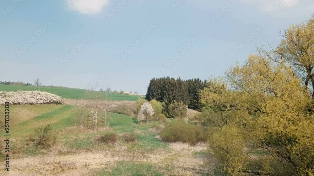 aerial view of a small valley, spring landscape with blossoming trees, europe springtime, green landscape