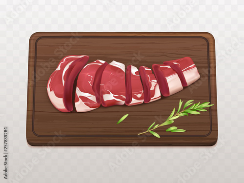 Raw marbled meat fillet sliced on pieces or portions to cook steak or grill with spices on wooden cutting board 3d realistic vector isolated on white background. Beef tenderloin for barbeque