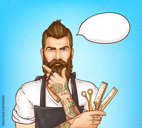 Shoulder portrait of bearded hipster man wearing apron, holding scissors and combs in tattooed hands, modern male barbershop professional hairdresser pop art vector with blank white talk, think cloud