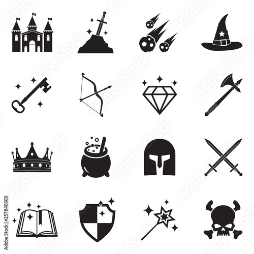 Fantasy Icons. Black Flat Design. Vector Illustration.