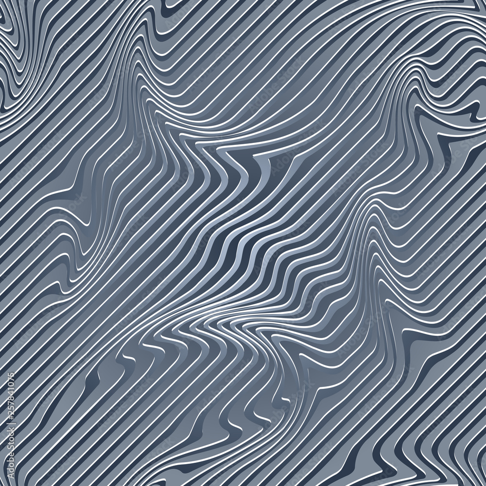 Obraz premium Streszczenie ilustracja Wave Stripes. Niebiesko-szare tło w paski z geometrycznym wzorem i wizualnym efektem zniekształcenia. Złudzenie optyczne i zakrzywione linie. Sztuka op.