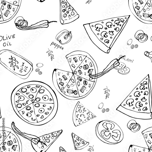 Seamless pattern with hand drawn pizza slices.