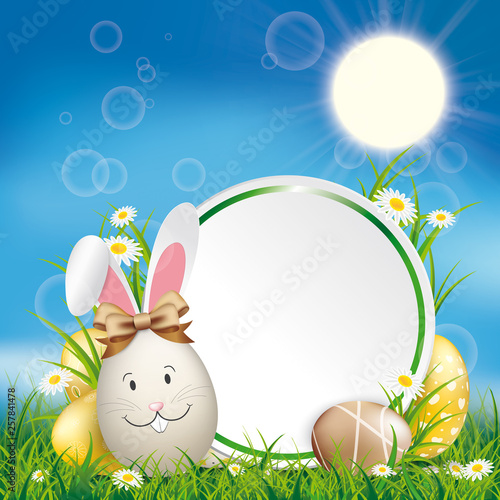 Easter Eggs Emblem Hare Grass Sunbeam Blue Sky