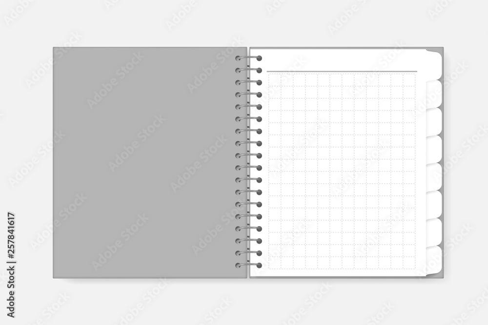Open spiral grid lined notebook with divider tab pages, realistic mock-up. Wire bound white squared paper notepad, vector template Open spiral grid lined notebook with divider tab pages, realistic mock-up. Wire bound white squared paper notepad, vector template