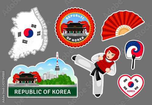 Set of korean travel stickers. Map, seoul cityscape, fan and taekwondo. Vector flat illustration.
