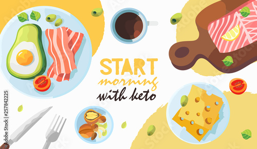 Vector illustration of a stylized ketogenic breakfast. Summer theme. Creative concept for a banner, landing page, flyer, blog post or poster.